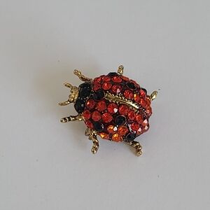 Vintage Red Black Gold Tone Rhinestone Crystal Ladybug Lucky Insect Pin Brooch